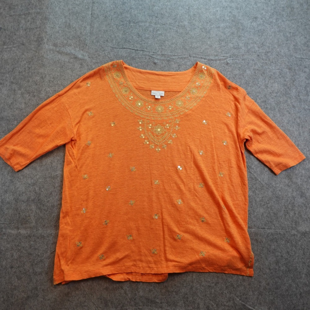 J Jill Top Women Small‎ Orange Linen Embroidered Sequin Boho Half Sleeve